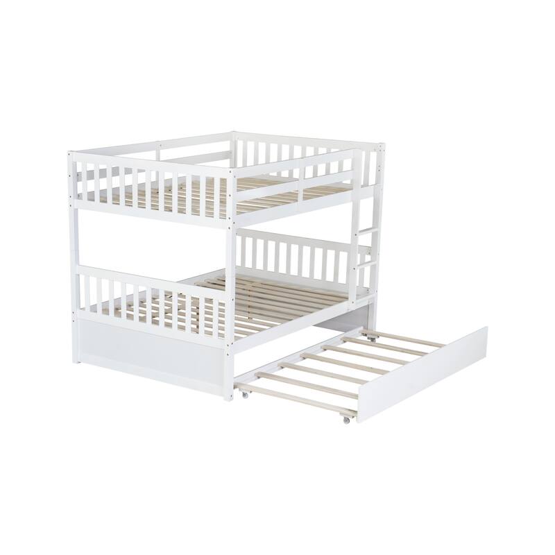 Roomfitters Full Over Full Rubber Wood Bunk Bed with Pull-Out Trundle, Convertible Design, Ladder and Safety Guardrails, White