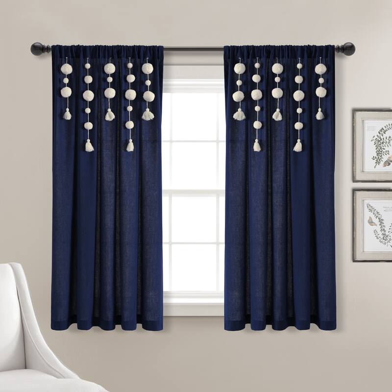 Lush Decor Boho Pom Pom Tassel Linen Window Curtain Panel (Single) - 52"W x 63"L - Navy
