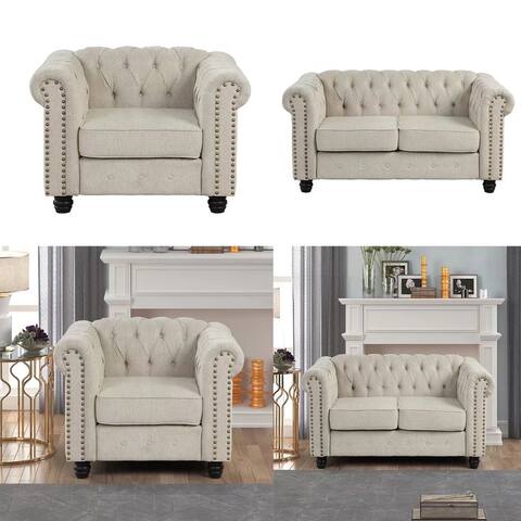 Morden Fort Tufted Upholstered Chesterfield Set Chair, Loveseat 2 PCS for Living Room, Fabric, Linen
