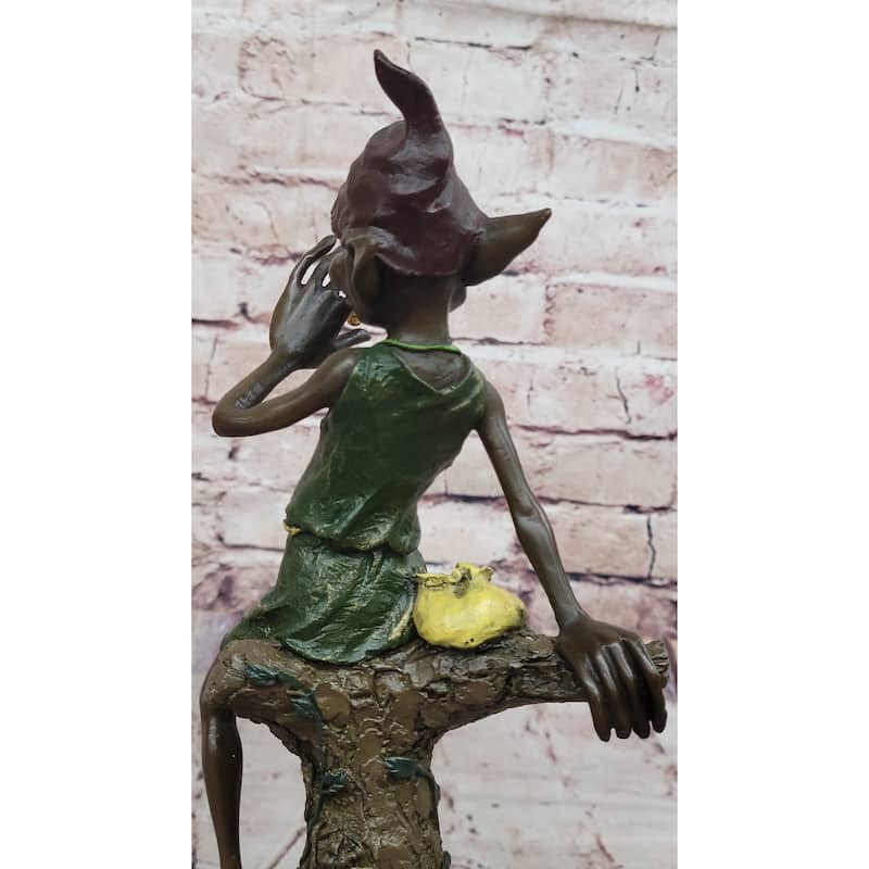 Bronze Elf Leprechaun Sitting On Tree Stump Fantasy Sculpture With Marble Base