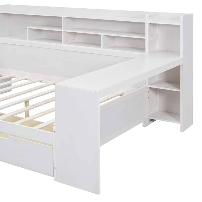 Full Size Wooden Daybed with Study Desk, Storage Shelves, and Two Drawers