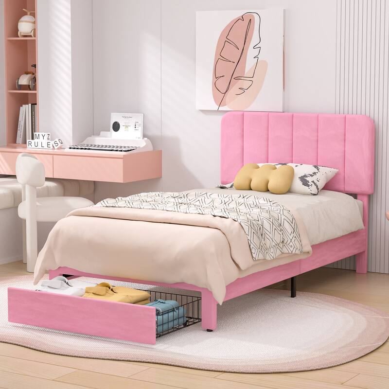 VECELO 2-Pack Kid Bed Frame Set Twin Size Platform Bed with Adjustable Upholstered Headboard Storage Drawer No Box Spring Needed