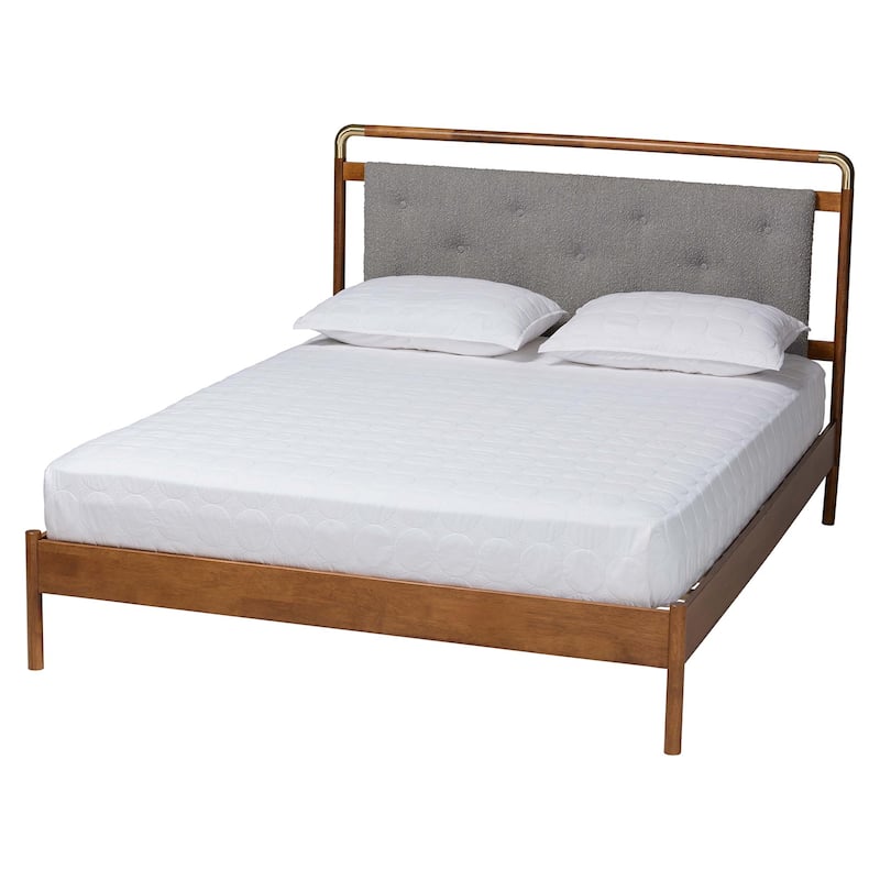 Edwina Mid-Century Light Grey Boucle Fabric and Walnut Brown Wood Queen Size Platform Bed - Grey - Queen