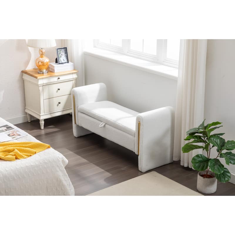 Velvet Fabric Storage Bench Bedroom Bench With Gold Metal Trim Strip For Living Room Bedroom