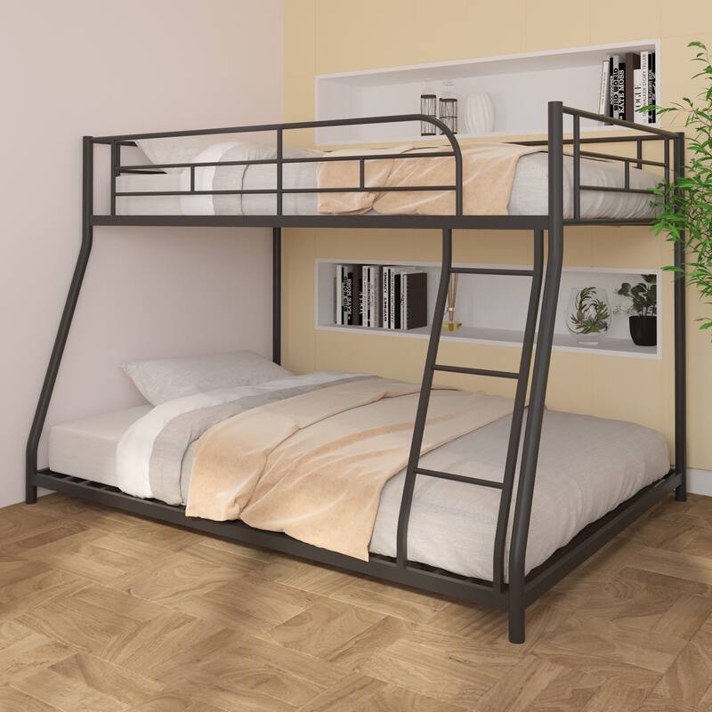 Sturdy Metal Twin over Full Bunk Bed with Noise-Free Wood Slats and Full Guardrail