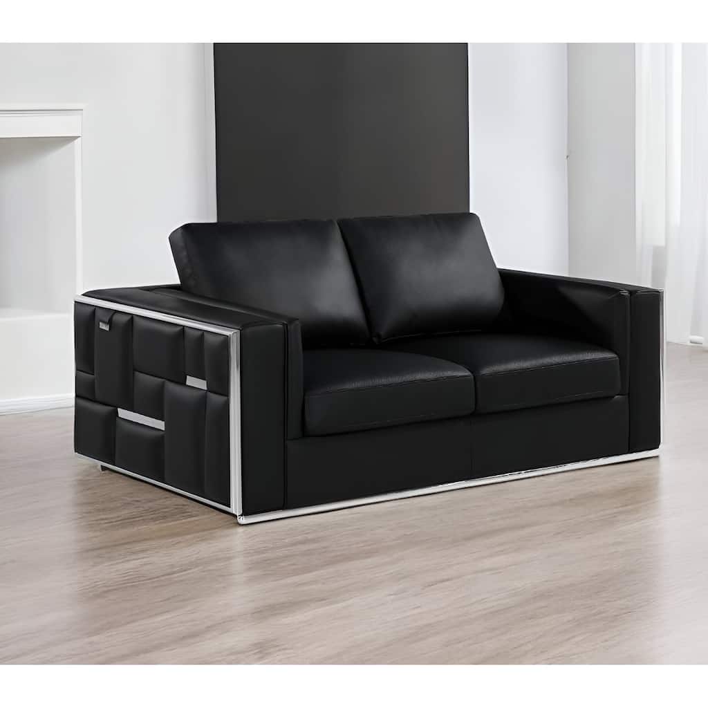 HomeRoots 73" Black And Silver Metallic Top Grain Leather Loveseat