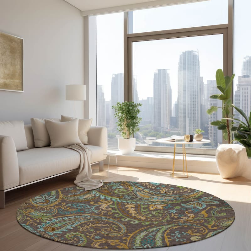 Machine Washable Indoor/ Outdoor Paisley Chantille Rug - Chocolate - 8' x 8'