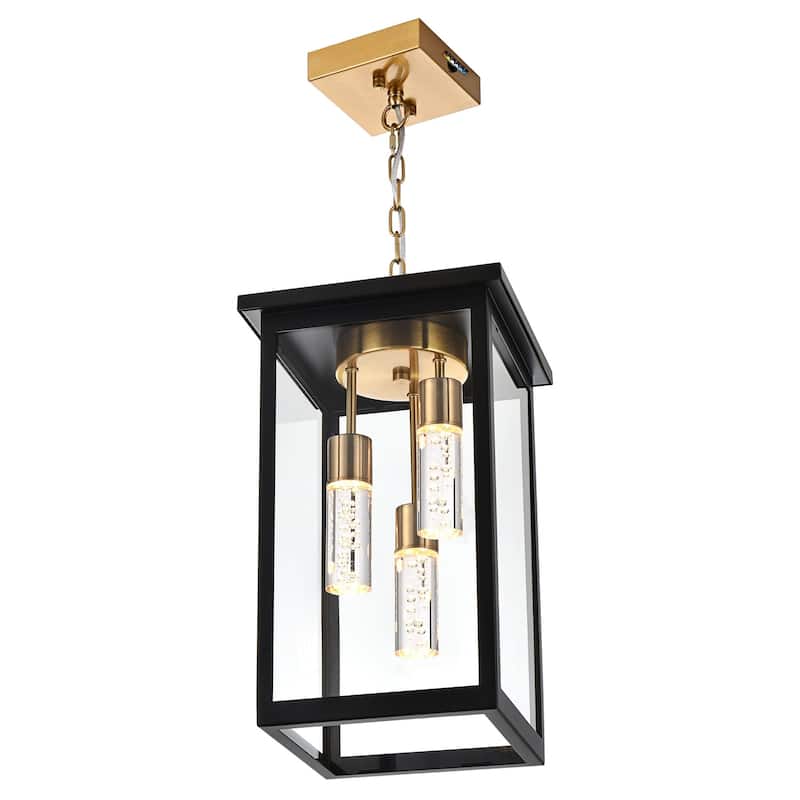 LED Large Outdoor Pendant Light Fixtures, LED Integrated Bulbs Included 3-Light Black and Brass Outdoor Hanging Lantern Light