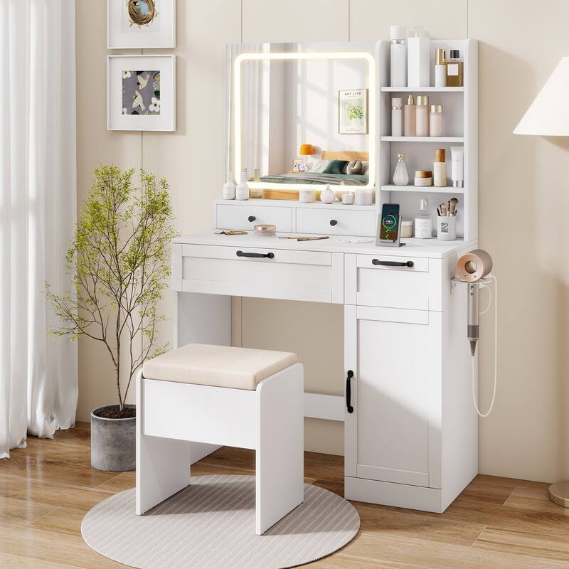 Gymax Vanity Set w/Cushioned Stool Makeup Table w/Adjustable Lighting