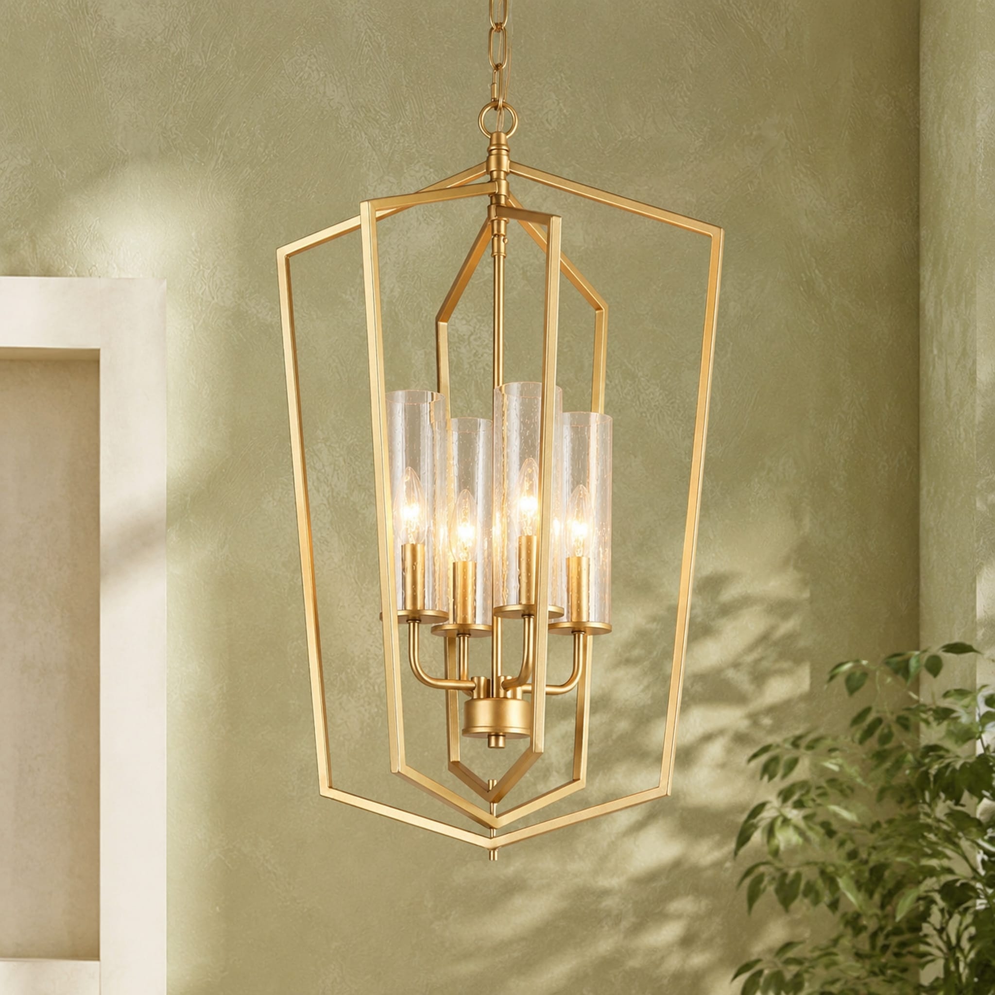 Mid-Century Modern 4-Light Gold Geometric Chandelier Glass Pendant Lights for Dining Room - 16.5" D x 27" H