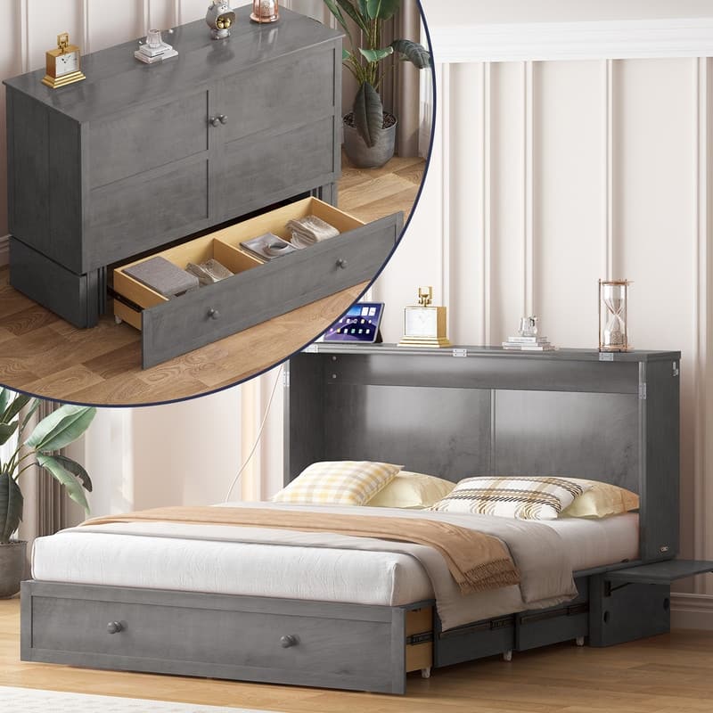 Mixoy Murphy Bed with Mattress,Modern Cube Foldable Cabinet Bed with Charging Station - Grey - Queen