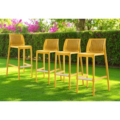 HomeRoots Set of Four 30" Yellow Heavy Duty Plastic Outdoor Bar Height Chairs