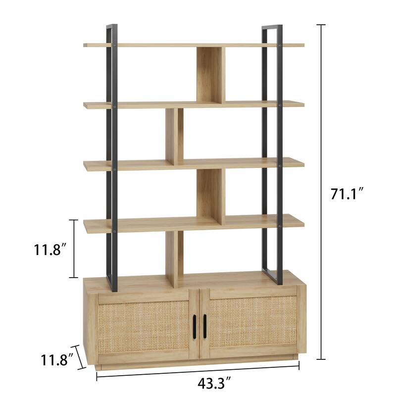 Ail 5 Tier Rattan Bookshelf with Storage Cabinet and door - 43.3"D x 11.8"W x 71.1"H - Natural