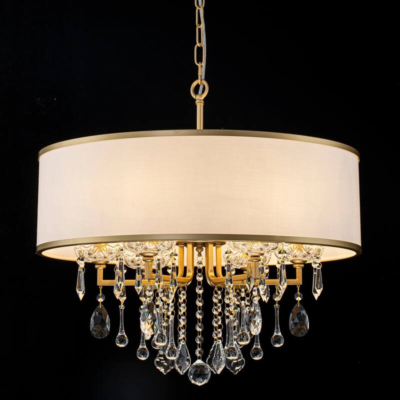 6-Light Modern Elegant Gold Drum Fabric Shade Adjustable Height with Crystal Accent Chandelier for Dining Room & Bedroom