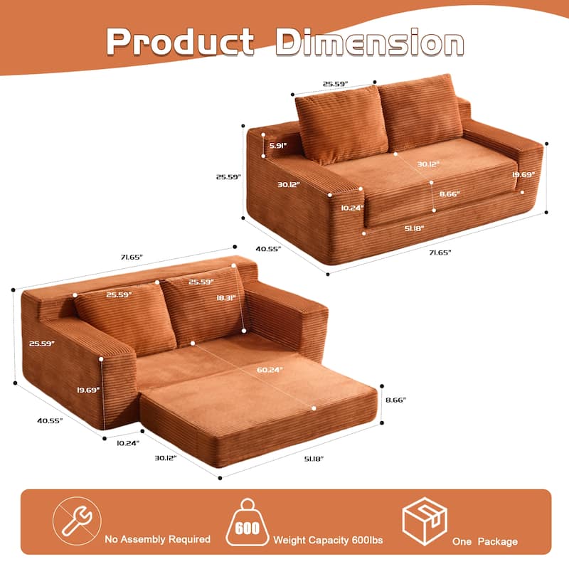 Floor Corduroy Deep Seat Loveseat Sofa with Folding Mattress Convertible Sleeper Sofa Bed with Reversible Cushion and Pillows