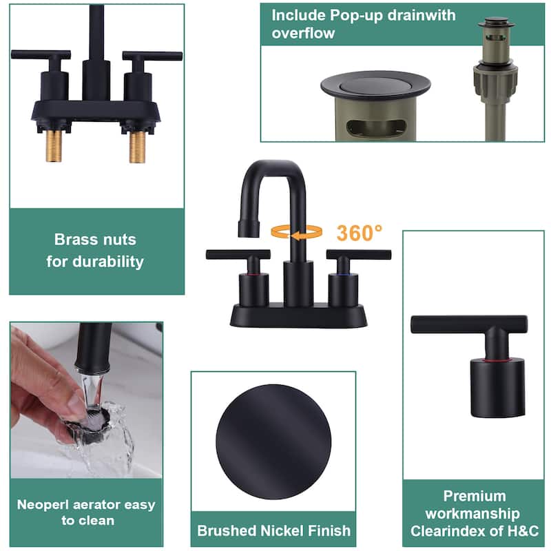 WOWOW 4 in. Centerset Double Handle Bathroom Faucet with Drain Kit