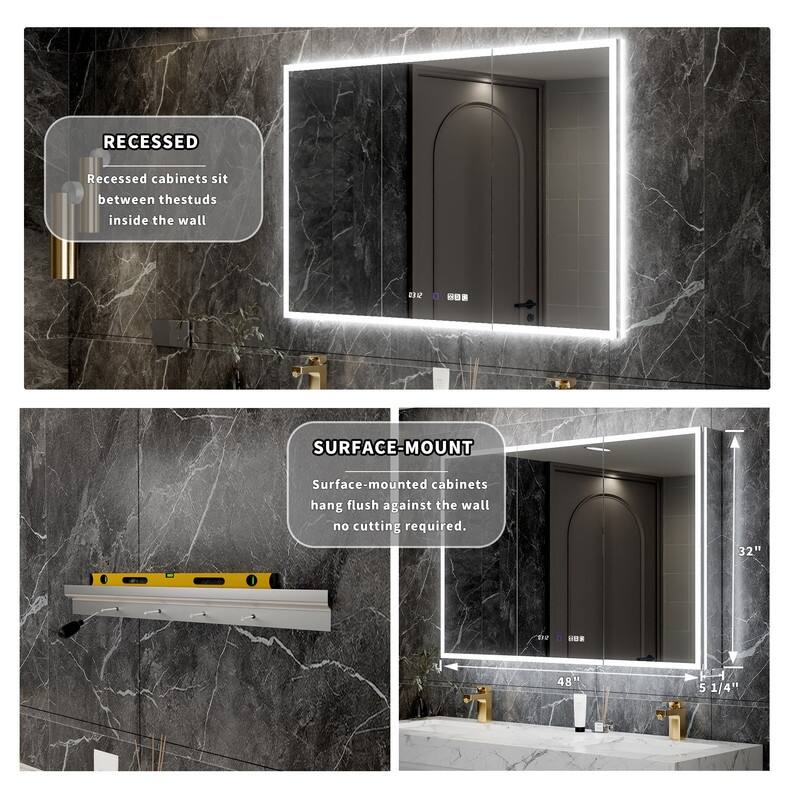 MEDUNJESS Triple Opening Frameless Demist Bathroom Mirror Cabinet - 48x32T
