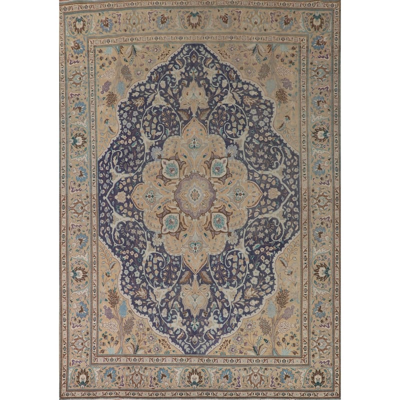 Blue Tabriz Persian Vintage Area Rug Hand-Knotted Wool Carpet - 9'11" x 13'2"