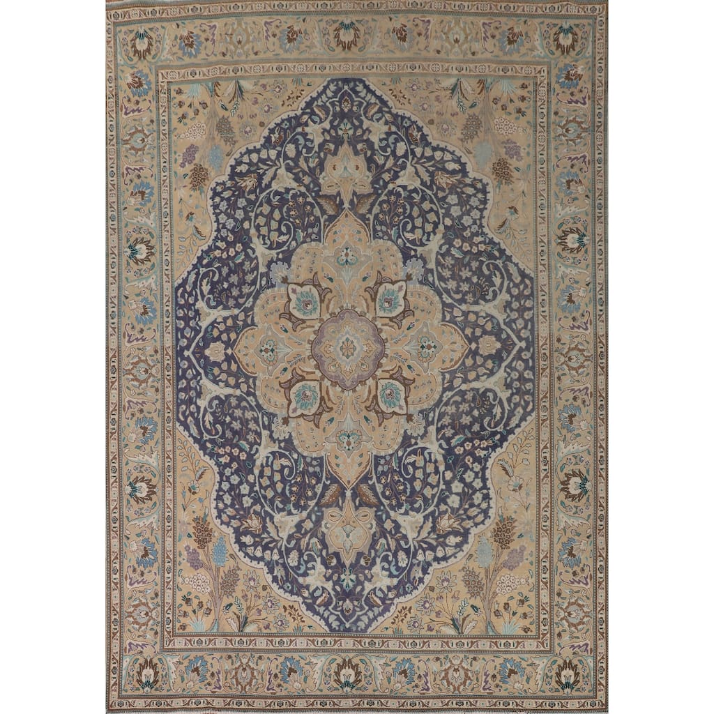 Blue Tabriz Persian Vintage Area Rug Hand-Knotted Wool Carpet - 9'11" x 13'2"