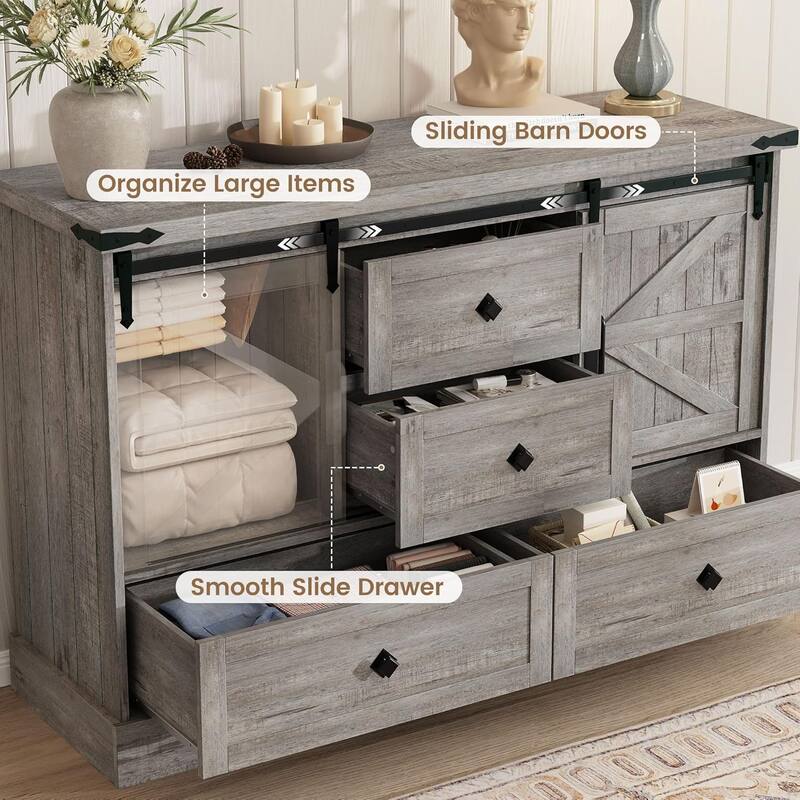 Farmhouse 4 Drawer Dresser for Bedroom 45" Wood Dressers with Sliding Barn Doors TV Stand