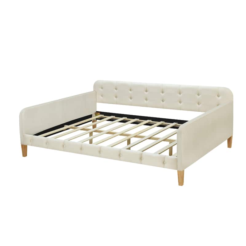 Button Backrest Upholstered Platform Bed Frame, Twin XL Size Daybed with LED Belt and Slats, Pull-out Trundle Bed