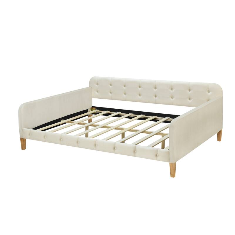 Full Size Velvet Upholstered Daybed Frame with Tufted Backrest & 4 Legs