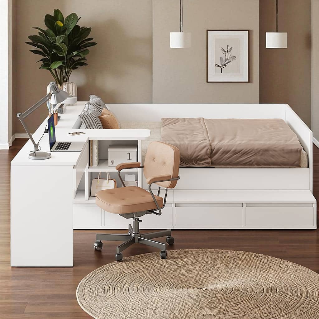 Full Size Platform Bed with Dressing Table, 6 Storage Drawers, Shelves & Side Vanity Desk, Solid Wood Frame, 600 lb Capacity