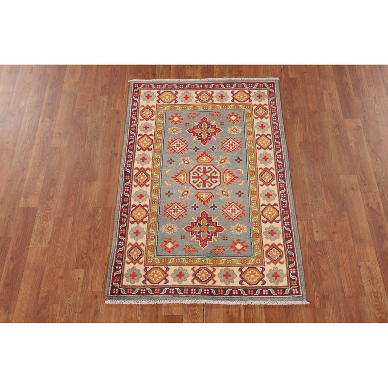 Geometric Kazak Accent Rug Hand-Knotted Grey Wool Carpet - 2'8" x 4'1"