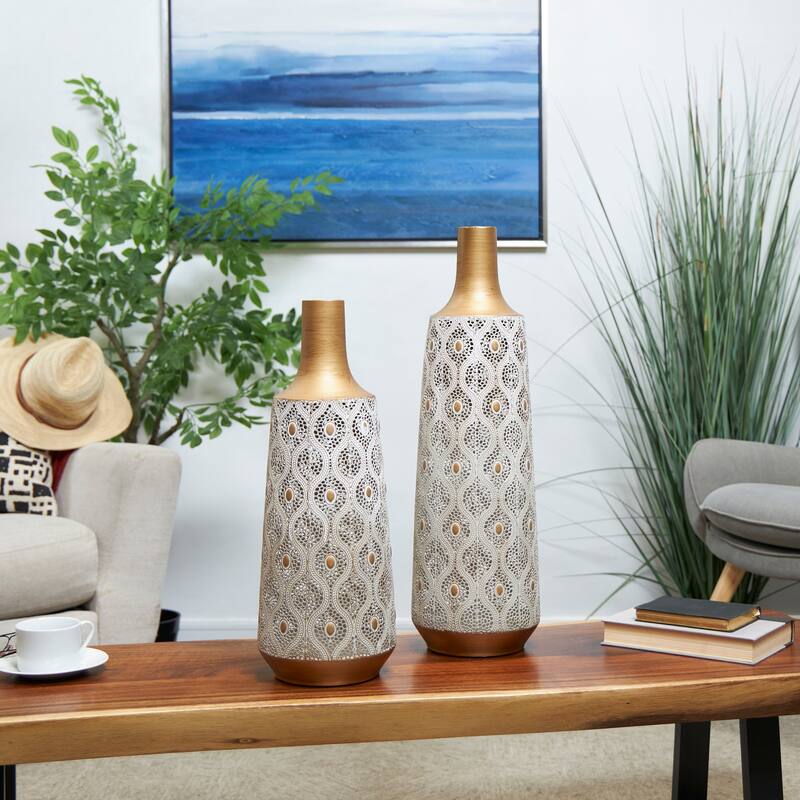 Metal Vase with Diamond Pattern - Set of 2 White - Roche River Decor - 7"W x 7"L x 24"H