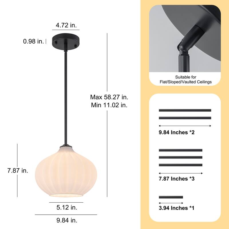 Starsky 10inch 1-Light Modern Elegan White Ribbed Glass Pendant