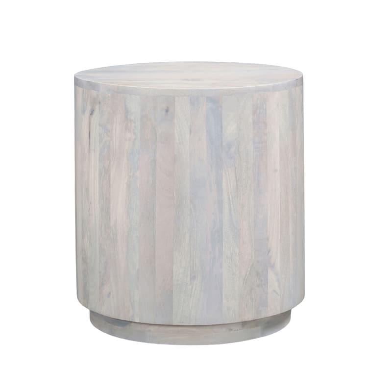 Febe Side End Accent Table, 20 Inch Round Top, Cylindrical Plinth Base, Oak White Mango Wood