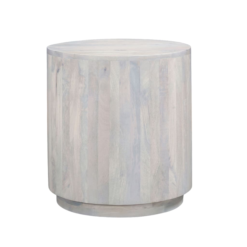 Febe Side End Accent Table, 20 Inch Round Top, Cylindrical Plinth Base, Oak White Mango Wood