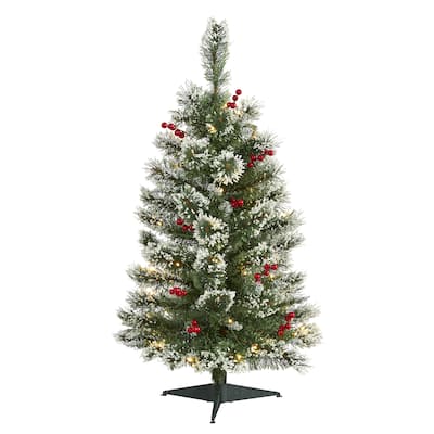 3’ Pre-Lit Medium Frosted Swiss Pine with Berries Christmas Tree, Warm Clear LED Lights - 3 Foot