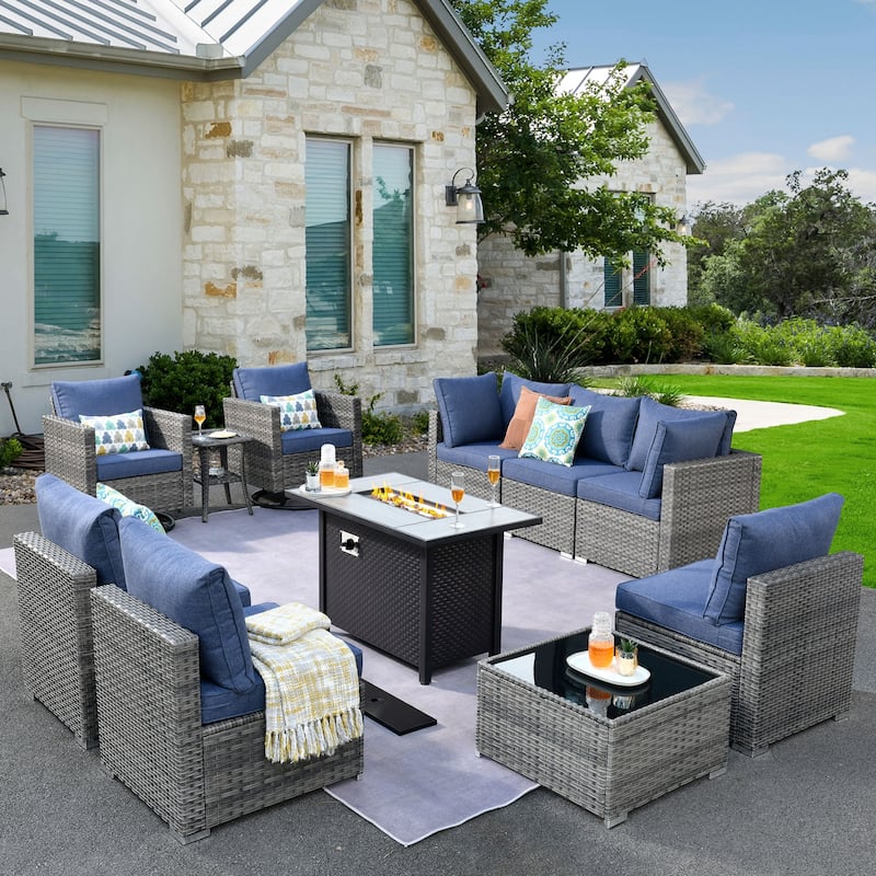 XIZZI 11-piece Patio Furniture Sofa Seating Set with Fire Pit - Denim Blue