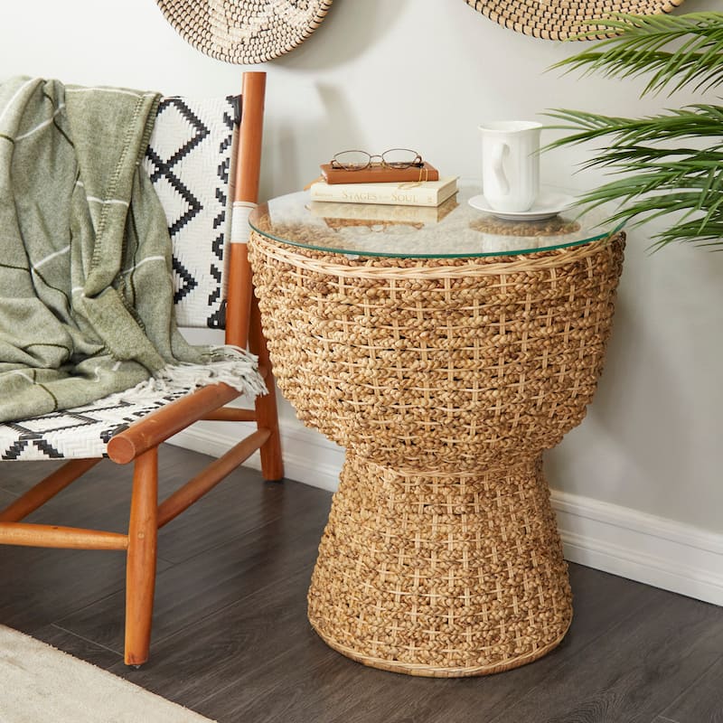 Brown Seagrass Handmade Woven Accent Table with Glass Top - Brown