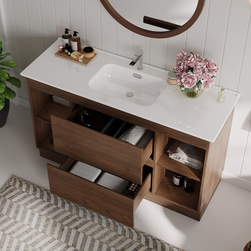 47"Mid Century Single Bathroom Vanities with Sink, White Vanities with 2 Drawers and 4 Shelves