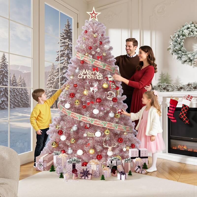 Prelit 4.5Ft Rose Gold Tinsel Fake Christmas Tree with 150 Warm White LED Lights, Metal Stand