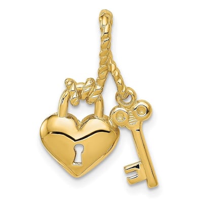 Curata 14k Yellow Gold Polished Love Heart and Key Slide Pendant Necklace (22.5x14.8mm)