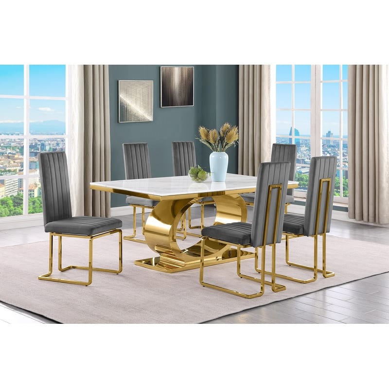Best Quality Furniture D430/1-SC340-7 Dining Set with 68" White Marble Top - 7-Piece - Dark Grey / Gold