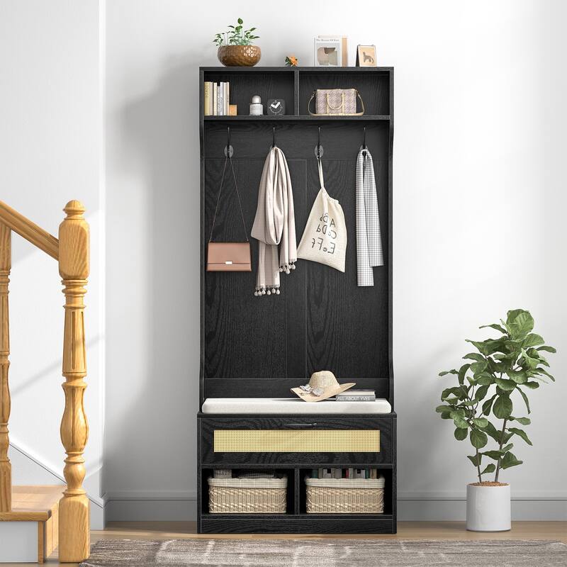 Anmytek 67" 3-In-1 Hall Tree Shoe Storage Bench and Coat Rack with 4 Hooks and 6 Compartments for Entryway
