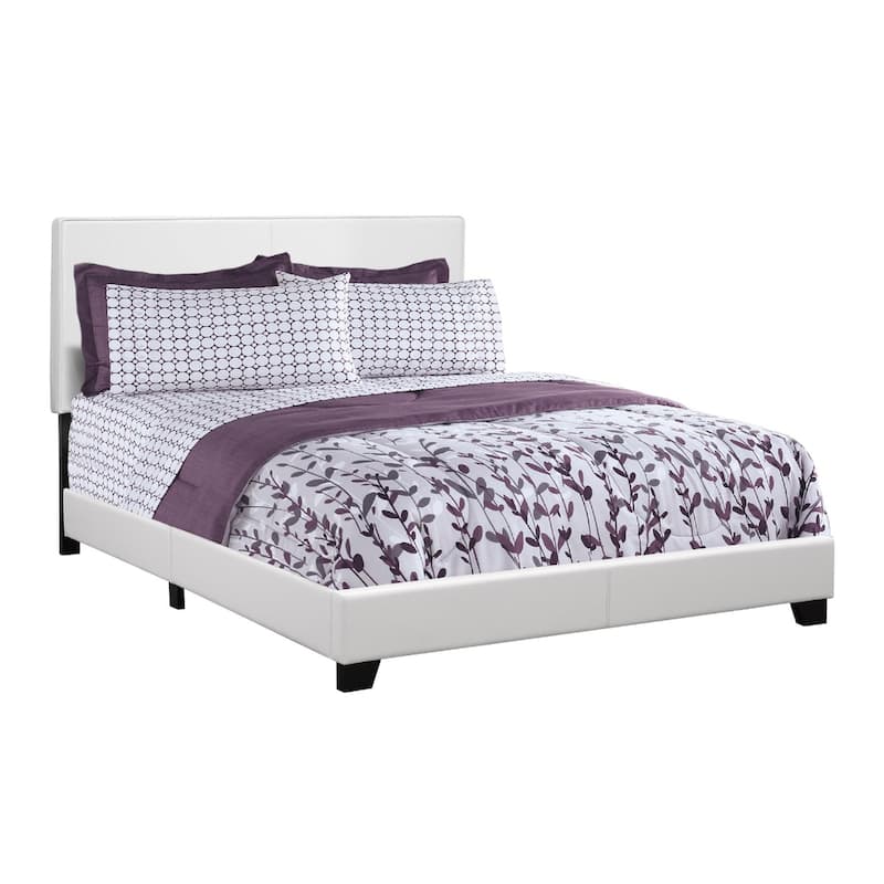 Brown White Faux Leather Queen Bed with Wood Frame and Upholstered Headboard - White