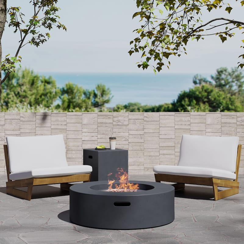 Sherwood Acacia Wood Outdoor Lounge Chairs and 50,000 BTU Circular Propane Fire Pit by Christopher Knight Home - Teak/ White/ Dark Gray