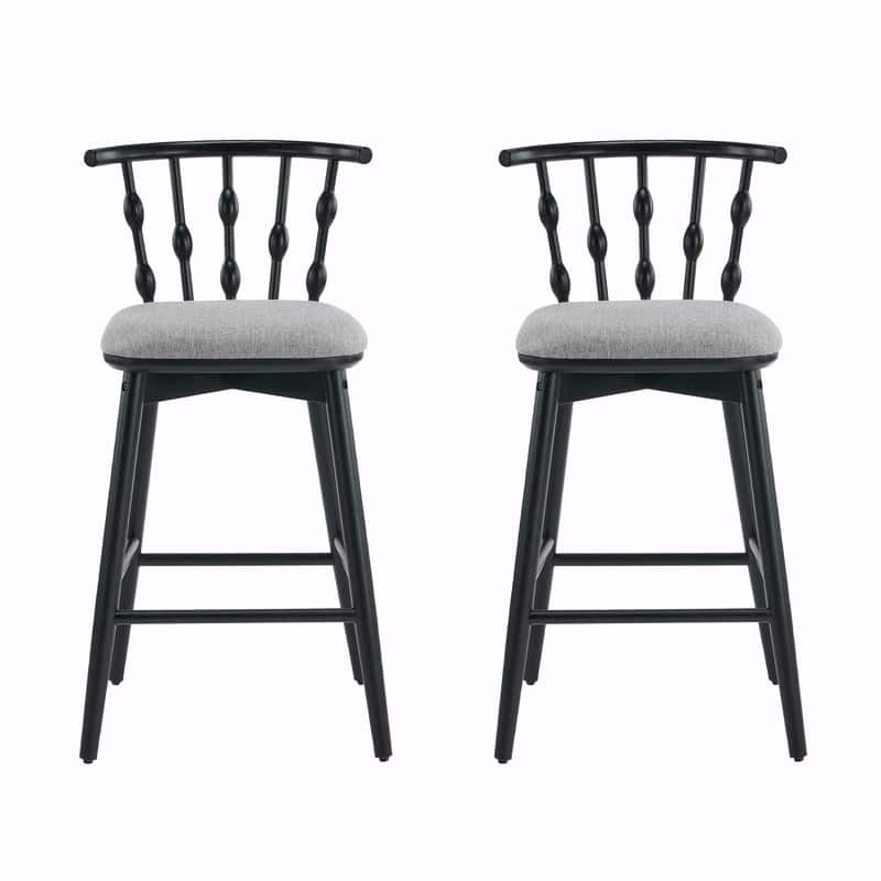 Doria Indoor Wooden Bar Stools with Gray Upholstery and Black Finish, Set of 2