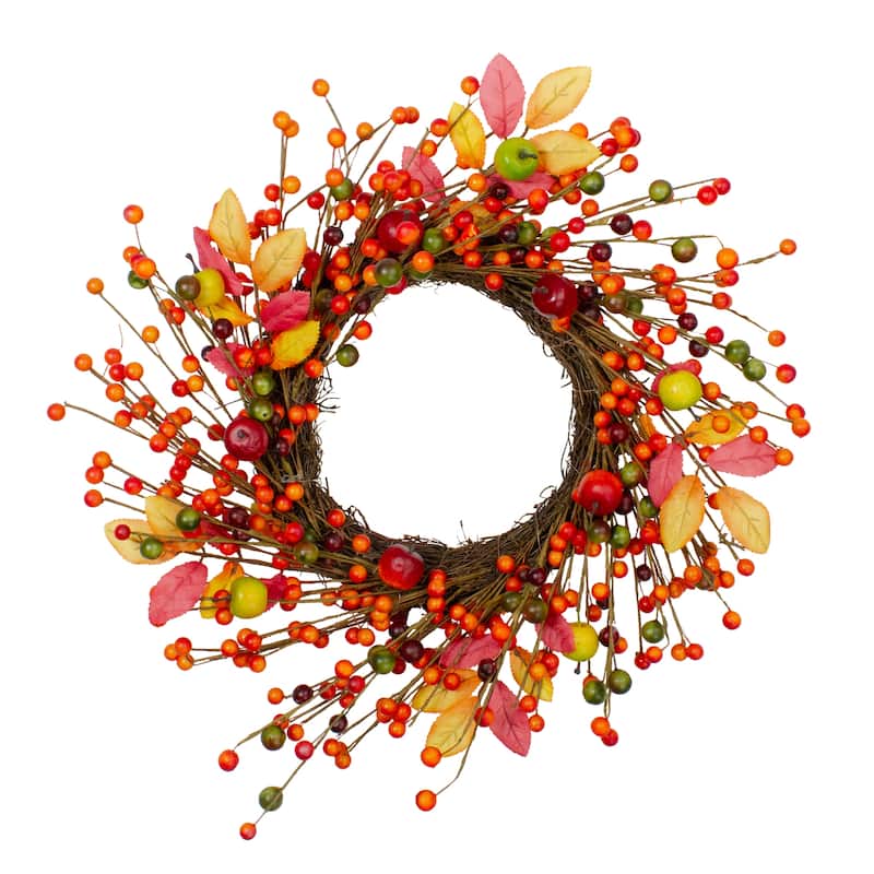 Berries Apples Foliage Twig Artificial Thanksgiving Wreath - 18" Unlit