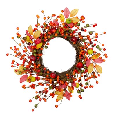 Berries Apples Foliage Twig Artificial Thanksgiving Wreath - 18" Unlit
