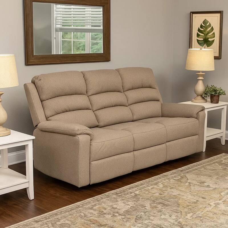 Fery 74 Inch Manual Recliner Sofa, 3 Seater, Brown Burlap Upholstery, Wood