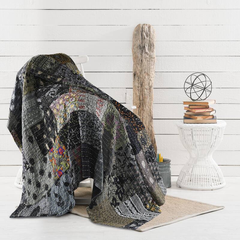 LR Home Gray Haze Quilted Vintage Boho Kantha Standard Size Throw Blanket