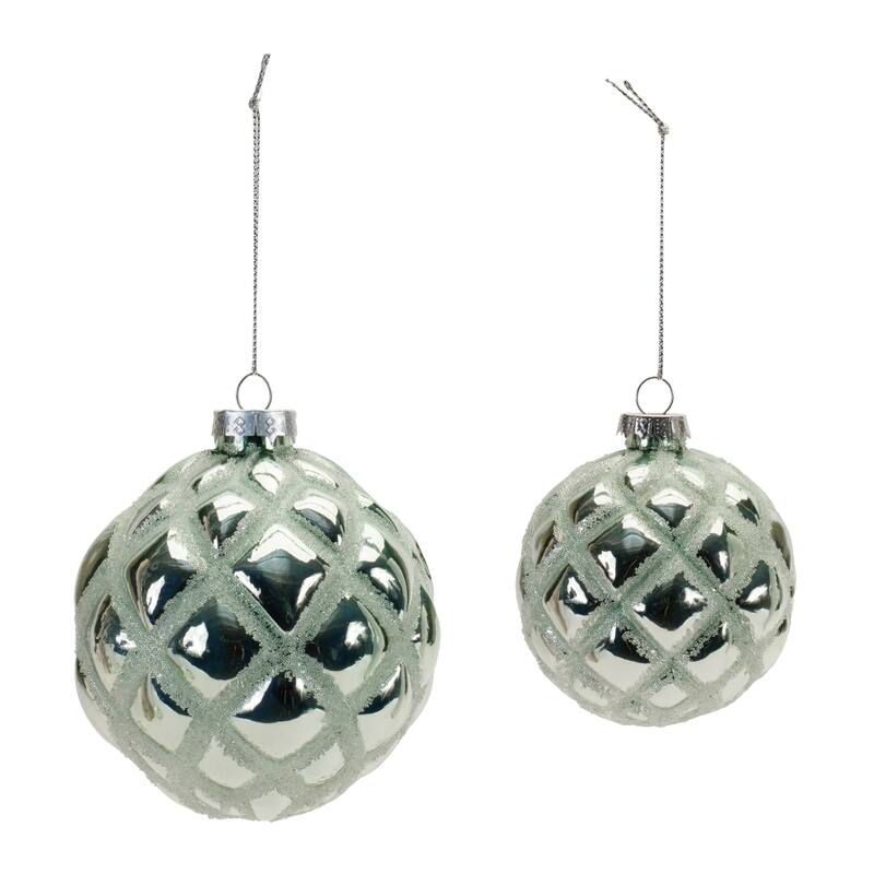 Beaded Harlequin Pattern Glass Christmas Ball Ornaments - 4" (100mm) - Green - 6ct