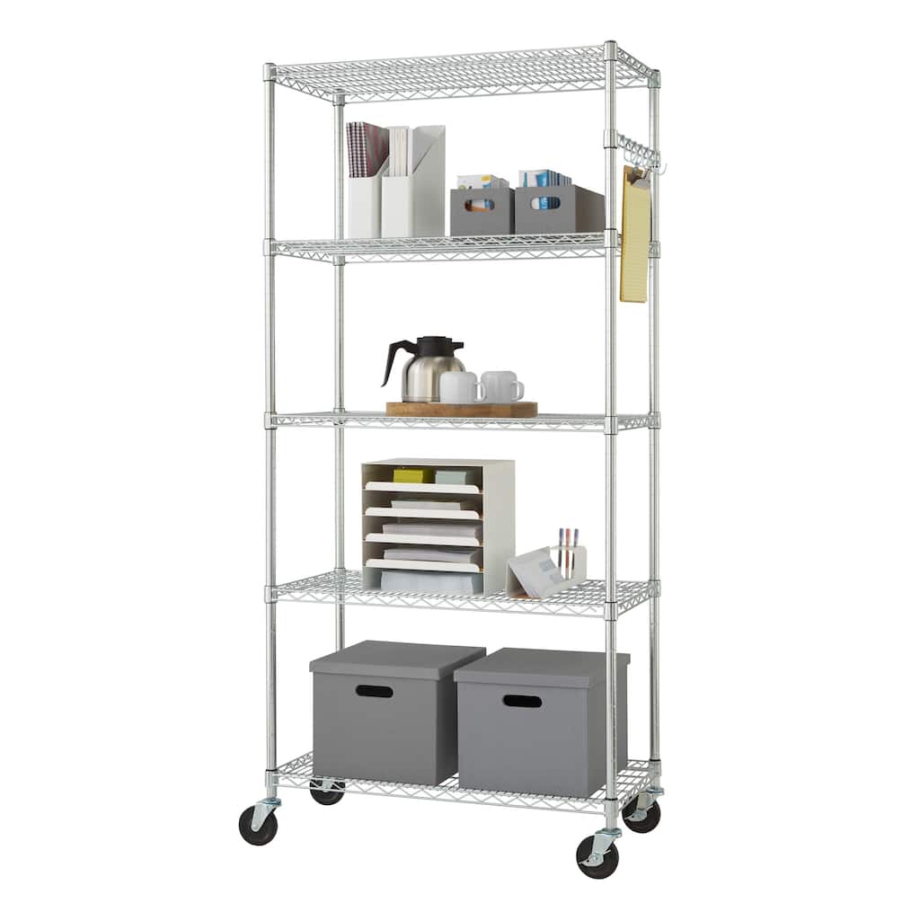 TRINITY EcoStorage® 5-Tier 36x18x72 Commercial Wire Shelving w/ Sidebar & Wheels, NSF, Chrome