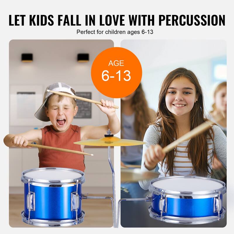 Kids Drum Set, 3-Piece, 14 in Beginner Drum Set with Adjustable Throne Cymbal Pedal Two Pairs of Drumsticks - 14 in